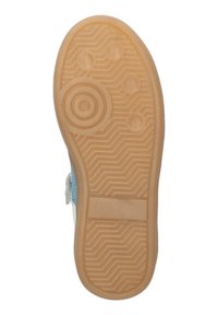 Rubber shoe sole with a textured design; features circular and hexagonal patterns, in light brown color. Edges show a blue accent.
