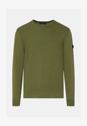 Olivgrüner Pullover mit Rundhalsausschnitt, langen Ärmeln, gerippten Bündchen und Saum sowie einem kleinen schwarzen Aufnäher am oberen linken Ärmel.