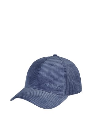 Blauwe corduroy baseballpet met gebogen klep en "HECHTER" geborduurd op het voorpaneel.