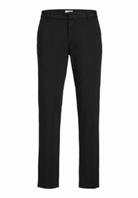 Černé kalhoty vyrobené z hladké látky, s úzkým střihem, zapínáním na zip a knoflík a bočními kapsami s pečlivě prošitými švy.