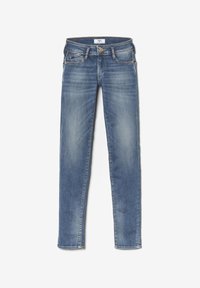 Jean skinny en denim bleu moyen, présentant un design classique à cinq poches, un léger délavage et une fermeture zippée avec un bouton.