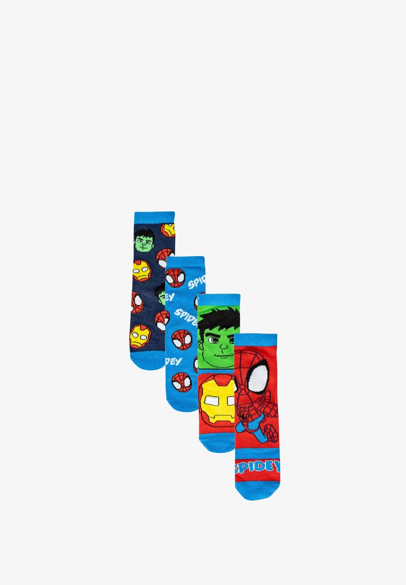 Quattro paia di calzini di cotone con design di supereroi. Colori vivaci con blu, rosso e verde; i motivi includono i volti di Hulk, Spiderman e Iron Man.