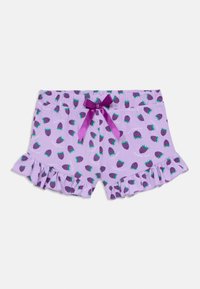 Shorts lilas avec un motif d'ananas, dotés d'un ourlet froncé et d'un nœud en satin violet à la taille. Tissu doux, taille élastique.