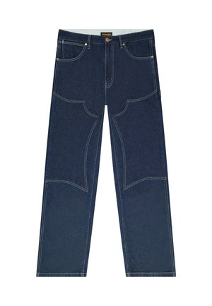 Mørkeblå denimjeans med forstærkede knæpaneler, fem lommer, kontrastsyning og lukning med knap i taljen.