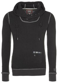 Schwarzer Waffelstrick-Hoodie mit langen Ärmeln, Kordeln, hohem Kragen, Kontrastnähten und einer kleinen Reißverschlusstasche auf der linken Vorderseite.