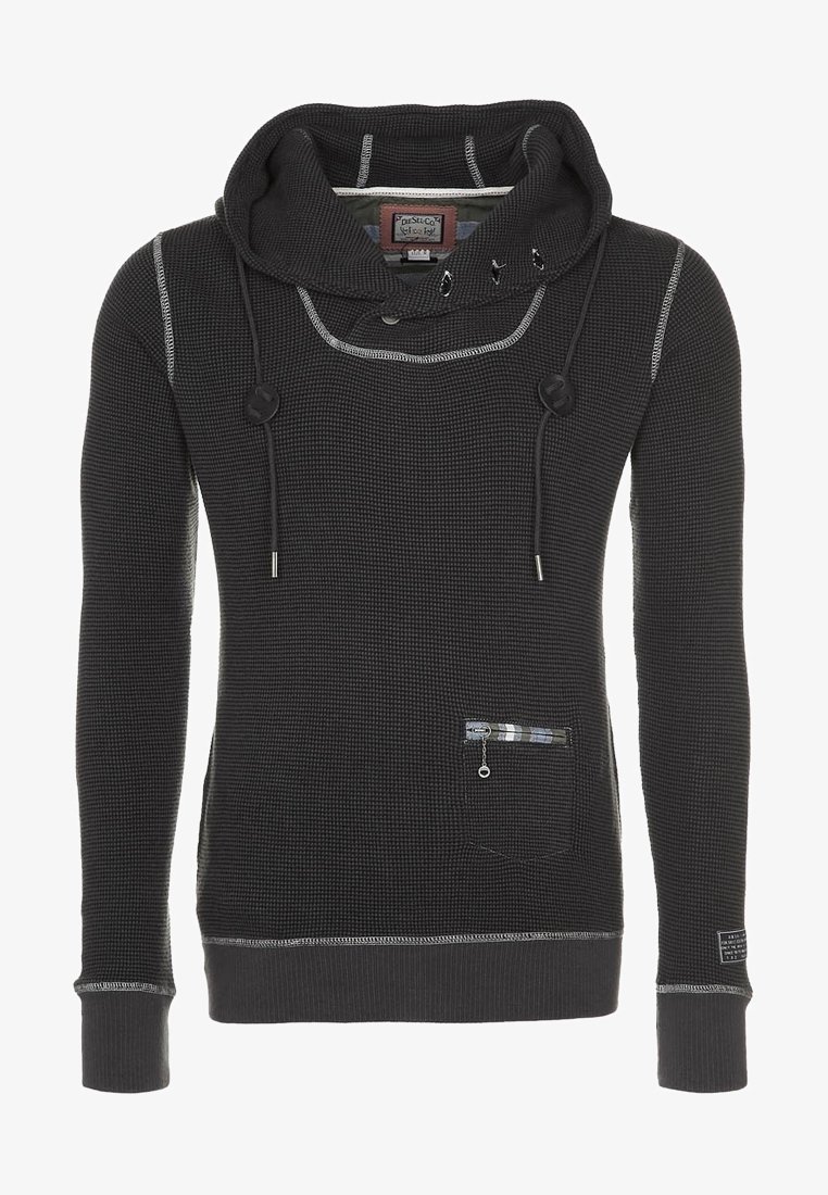 Felpa a maniche lunghe in maglia waffle nera con cordini, colletto alto, cuciture in contrasto e una piccola tasca con zip sul lato sinistro davanti.