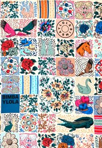 Multikleuren textiel met verschillende patronen: bloemen, dieren en geometrische ontwerpen. Blauw "BIMBA YLOLA" merk is prominent aanwezig.