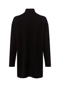 Czarny, długi sweter z dzianiny z wysokim kołnierzem, luźnym krojem i prążkowanymi mankietami. Gładka tekstura w jednolitym kolorze.