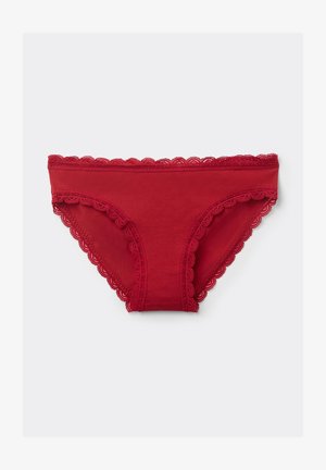 Red cotton brief with scalloped lace trim along the waistband and legs, featuring a smooth texture and a classic panty shape.