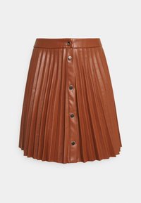 Brun, plisserad kjol i konstläder med framknappningar och en figursydd midja.