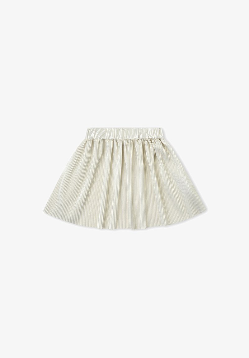 Falda plisada de color blanco nacarado brillante con cintura elástica, que se ensancha hacia la parte inferior.