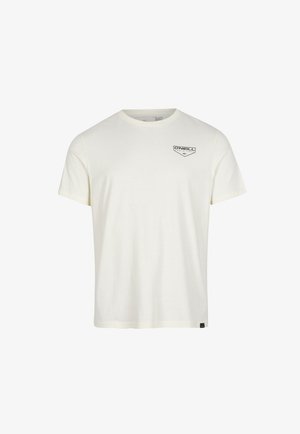 Camiseta blanca de manga corta con cuello redondo, con un pequeño logo negro de O'Neill en el pecho izquierdo y una pequeña etiqueta negra en el dobladillo inferior.