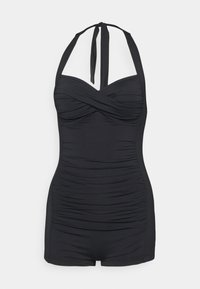 Maillot de bain une pièce noir à dos nu avec des détails froncés et un bas style short.
