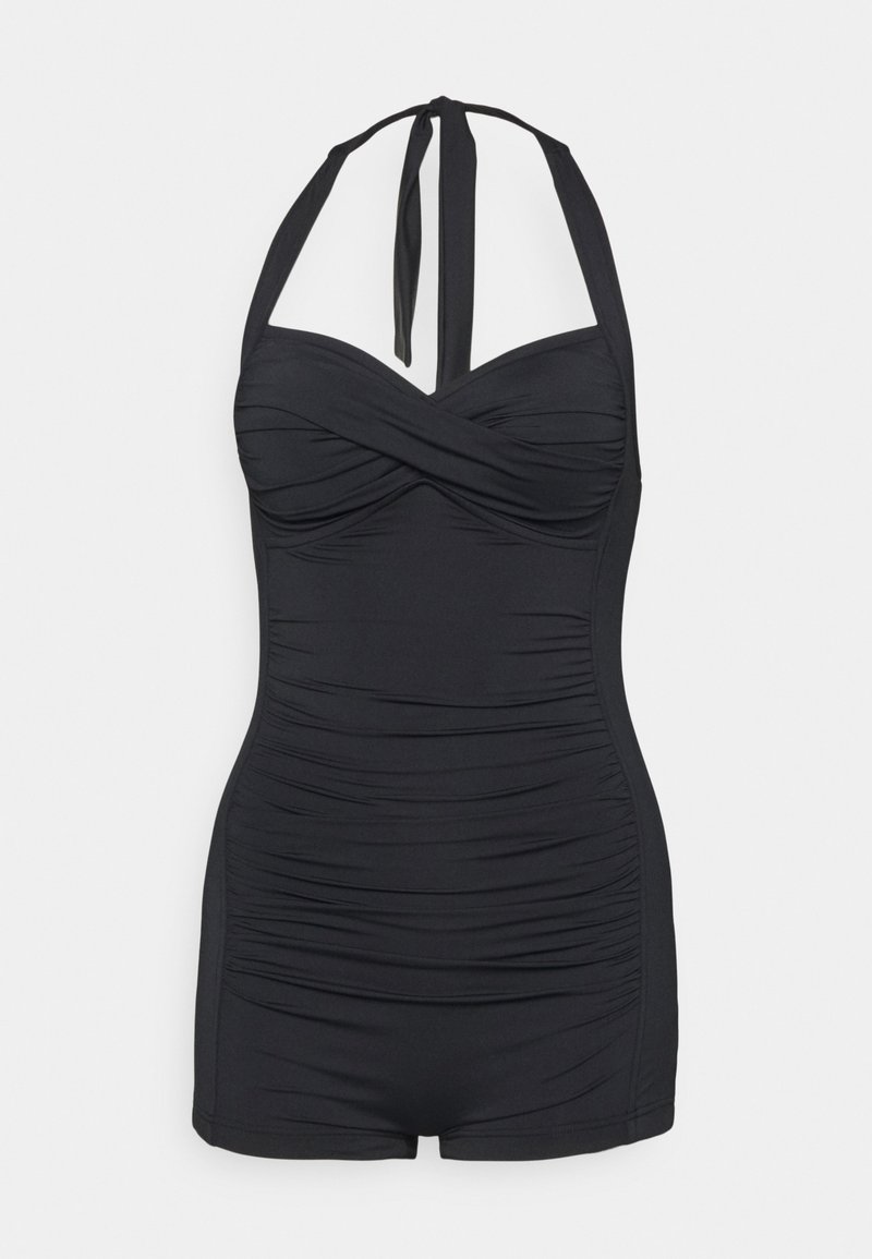 Maillot de bain une pièce noir à dos nu avec des détails froncés et un bas style short.