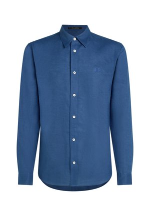 Blå långärmad skjorta i linne. Har en button-down krage, framplacket med vita knappar och en broderad logotyp på bröstet.