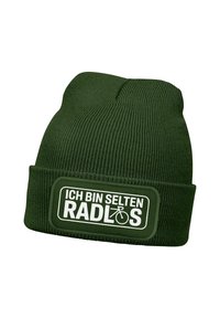 Green ribbed knit beanie with a folded cuff, featuring white text and a bicycle graphic on the front label.