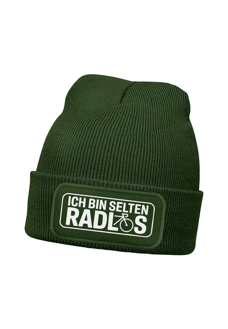 Green ribbed knit beanie with a folded cuff, featuring white text and a bicycle graphic on the front label.
