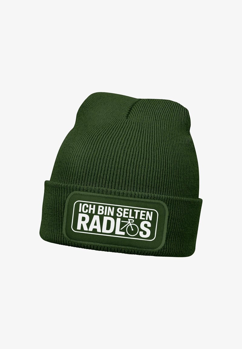 Green ribbed knit beanie with a folded cuff, featuring white text and a bicycle graphic on the front label.