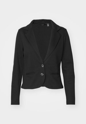 Black structured blazer with long sleeves, two buttons, and front pockets. Made of a smooth fabric with a notched collar and fitted design.