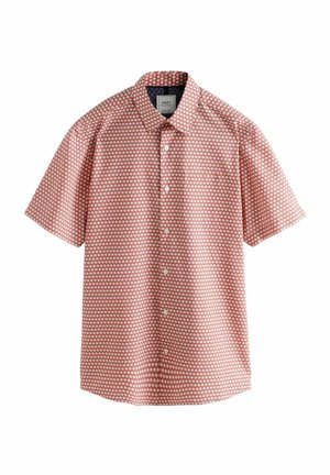 Short-sleeve shirt in red with a white geometric pattern, button-up design, and a collar. Made of lightweight fabric.