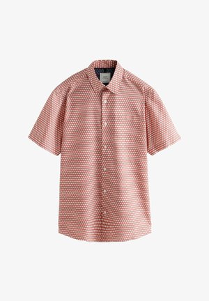 Short-sleeve shirt in red with a white geometric pattern, button-up design, and a collar. Made of lightweight fabric.