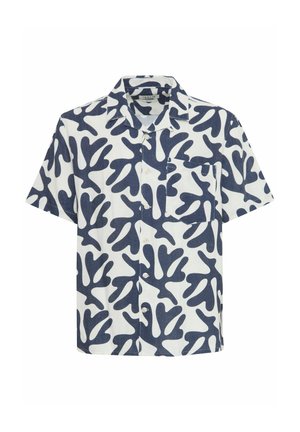 Camicetta a maniche corte realizzata in tessuto leggero con un motivo astratto blu navy su uno sfondo bianco. Include una notevole tasca sul petto.