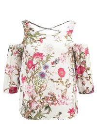 Hedvábná blůza s květinovým potiskem z lehkého materiálu. Nabízí design s odkrytými rameny, krátké puffové rukávy a kombinaci růžových, modrých a zelených květin.