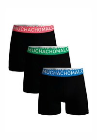 Fekete boxer nadrág, elasztikus derékkal, pink, zöld és kék színben, fehér "MUCHACHO" felirattal a derékpánton.