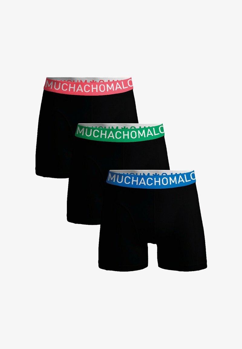Fekete boxer nadrág, elasztikus derékkal, pink, zöld és kék színben, fehér "MUCHACHO" felirattal a derékpánton.