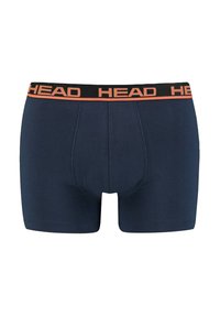 Marineblaue Boxershorts aus weichem Stoff mit einem schwarzen Bund, der "HEAD" in orangefarbener Schrift trägt. Klassische Passform mit Nahtdetails.