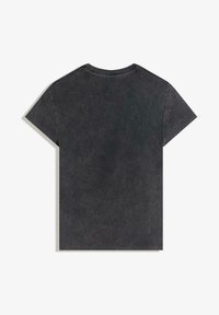 Black cotton t-shirt, short sleeves, round neckline, soft texture, minimalistic design, no patterns or accents, shown from the back.