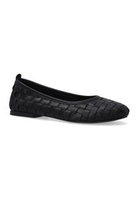 Schwarze geflochtene Leder-Ballettschuhe mit abgerundeter Zehe und niedrigem Gummioberteil. Verfügt über ein kunstvolles Flechtmuster im oberen Bereich.