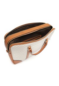 Braune Leder- und hellbeige Canvas-Tasche mit Reißverschluss, doppelten Griffen und Innenfächern; geometrisches Muster auf der Canvas-Außenseite.