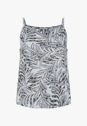 Camisola s cvetličnim potiskom v svetlo modri barvi, s črnimi in sivimi listnimi vzorci, tankimi naramnicami in sproščenim krojem.