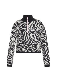 Gekürzter Pullover mit schwarz-weißer wirbelnder Musterung, hohem Kragen und pinkem Halb-Reißverschluss. Hergestellt aus weichem, texturiertem Stoff.