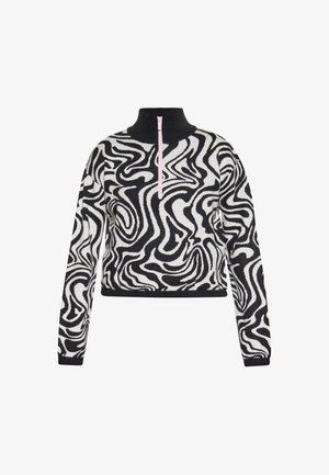 Maglione cropped con motivo a spirale bianco e nero, collo alto e chiusura a metà zip rosa. Realizzato in un tessuto morbido e testurizzato.