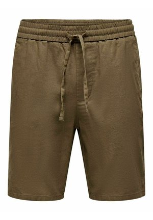 Olivgrüne Shorts aus leichtem Stoff mit einem elastischen Bund und Kordelzug sowie einer glatten Textur.
