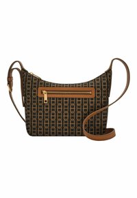 Borsa a spalla marrone a fantasia con tasca con zip, accessori dorati e tracolla beige. Realizzata in tessuto resistente, con una texture liscia.