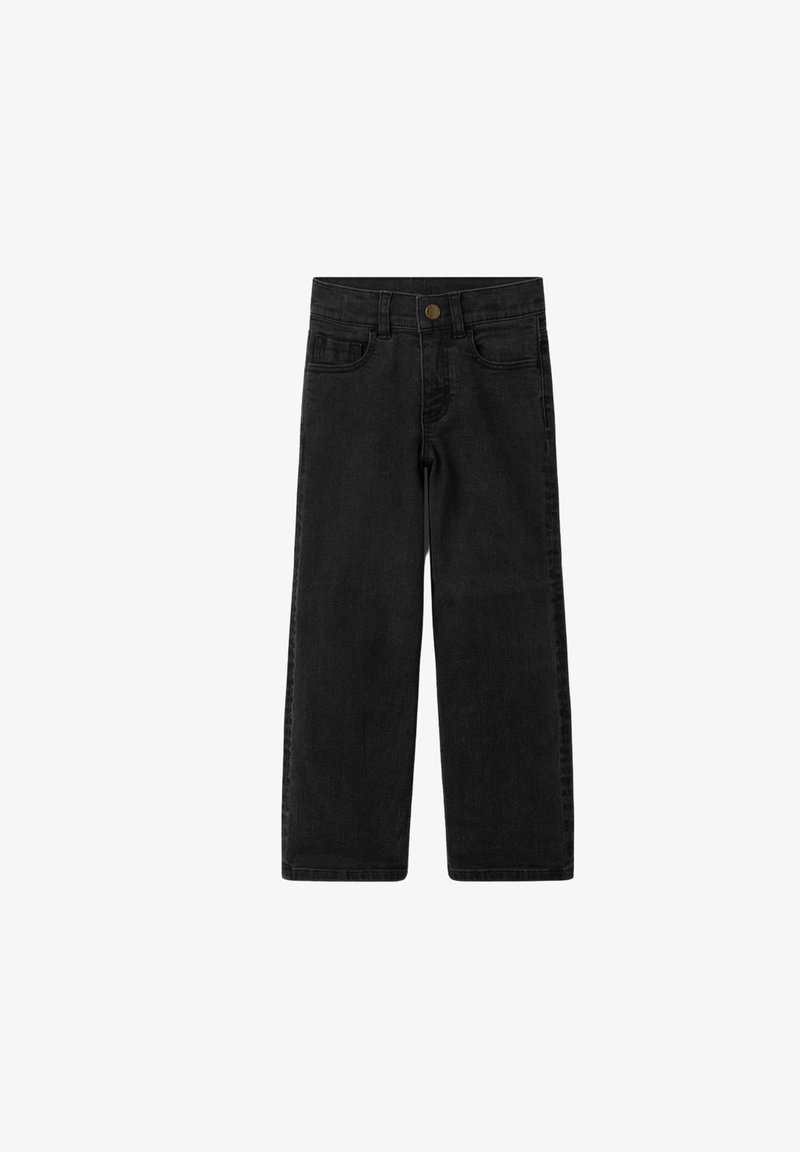 Mustat farkut suoranlahkeisella designilla, joissa on nappikiinnitys, kaksi etutaskua ja yksi takatasku. Sileä pinta.