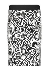 Jupe à motifs zèbre noir et blanc avec une coupe ajustée et une taille élastique, fabriquée à partir d'un tissu texturé.