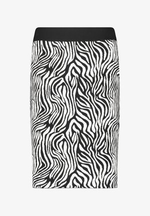 Zwart-wit gestreepte rok met een aansluitend ontwerp en elastische tailleband, gemaakt van een textuurstof.