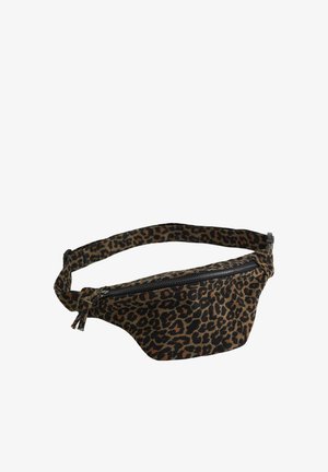 Riñonera ajustable con estampado de leopardo, cremallera negra y tira de tela, diseñada para llevar en la cintura o cruzada.