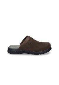Brown suede slip-on shoe with a rounded toe and black rubber sole. Features a gray insole and subtle stitching accents.