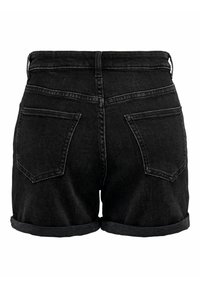 Short en denim noir avec ourlets retroussés, deux poches arrière et passants de ceinture, vu de dos sur un fond blanc.