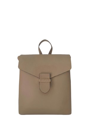 Brown leather backpack with flap closure and top handle, featuring a front strap with a metal clasp engraved with "Gianmarco Venturi."
