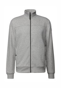 Veste zippée grise avec col haut, motif tricot texturé et fermeture éclair noire. Présente des poignets et un ourlet côtelés, ainsi que des poches latérales.