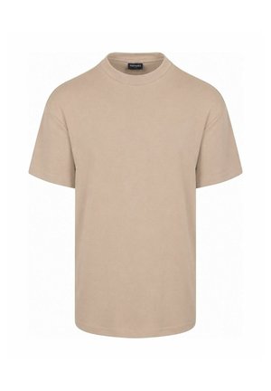 Beige T-shirt met korte mouwen en een ronde hals, eenvoudig ontwerp en een zwart merklabel binnenin de kraag.