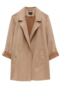 Beige suede jacket with a notched collar, open front, two side pockets, and rolled-up sleeves featuring snap button accents.