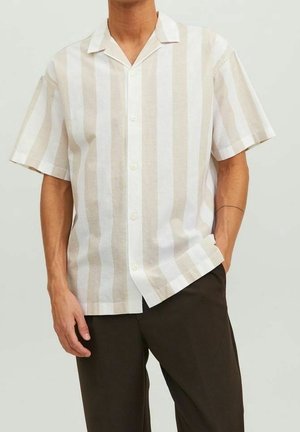 Short-sleeve, button-up shirt in beige and white stripes. Made of lightweight fabric with a pointed collar and a relaxed fit.