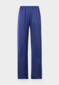 Μπλε, παντελόνια με φαρδιά μπατζάκια, λεία και γυαλιστερή υφή και ελαστική μέση. Χωρίς ορατά σχέδια ή διακοσμήσεις. Κανονική εφαρμογή με ίσια πόδια.